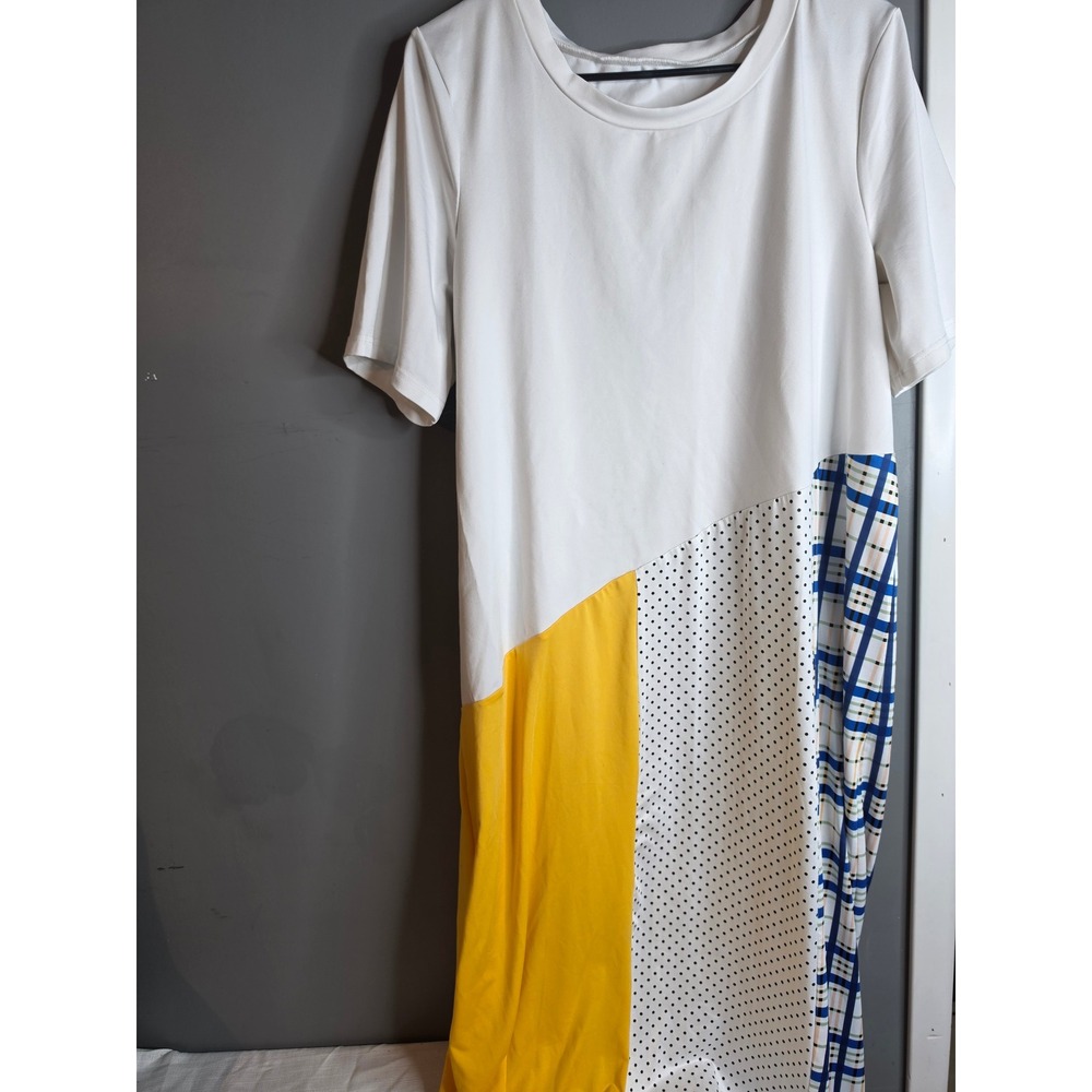 SHEIN Women 1XL Colorblock Mixed Print Midi Dress White Yellow Polka Dot Plaid